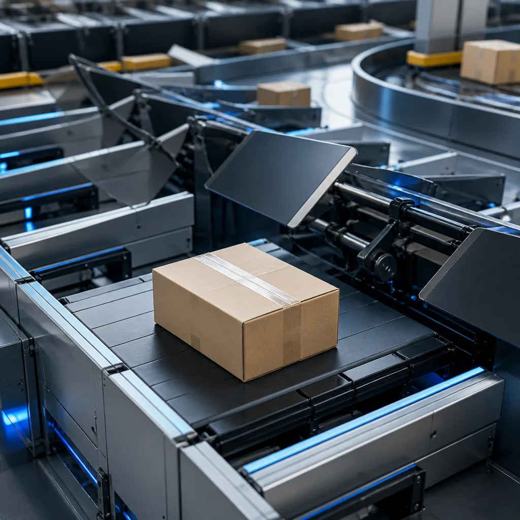 Cross belt sorter components in automated warehouse sorting system