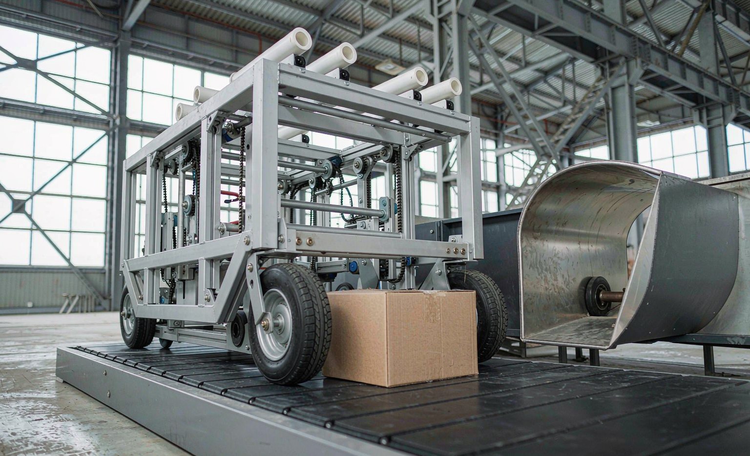 Shoe sorter pushing a parcel toward a chute