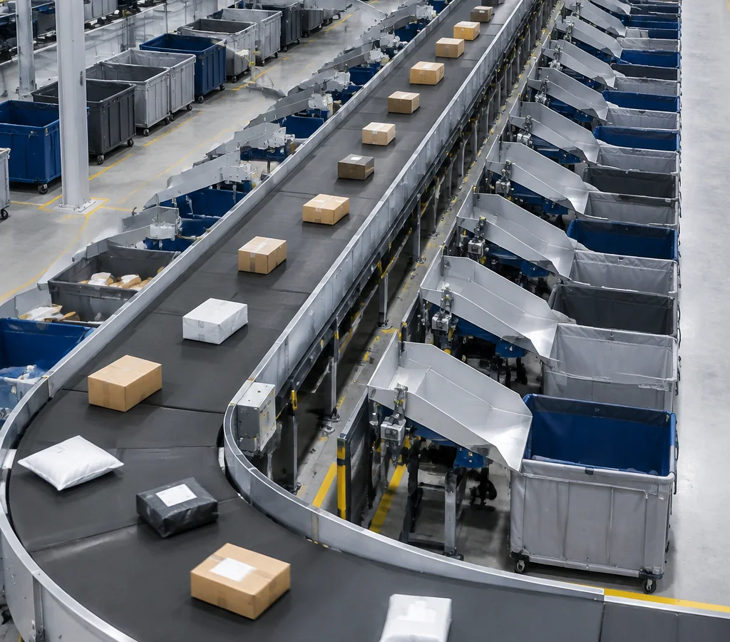 Parcel sorting facility with a cross belt sorter loop, chutes and destination containers arranged along both sides