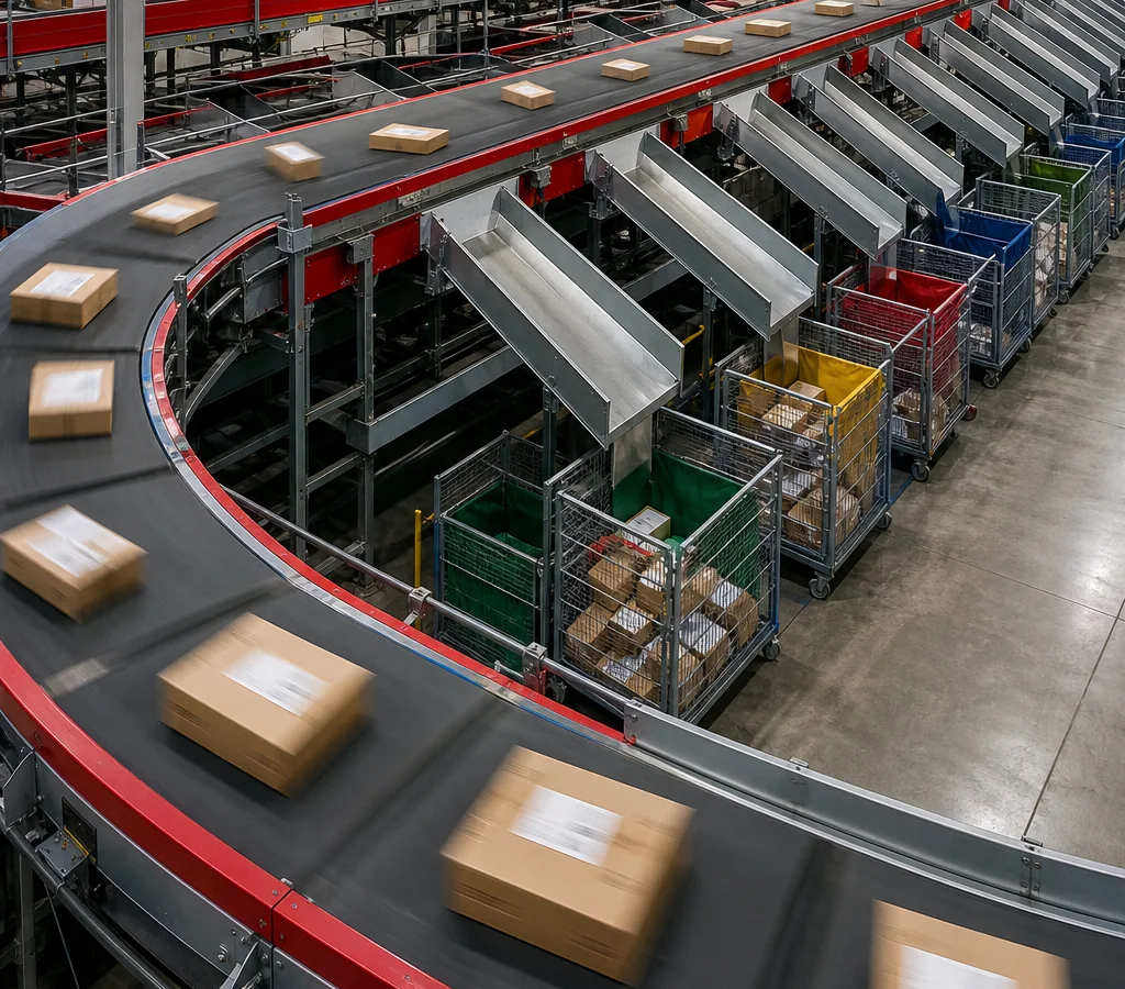 Cross belt sorter loop moving cardboard parcels toward sorting chutes inside a parcel distribution center.