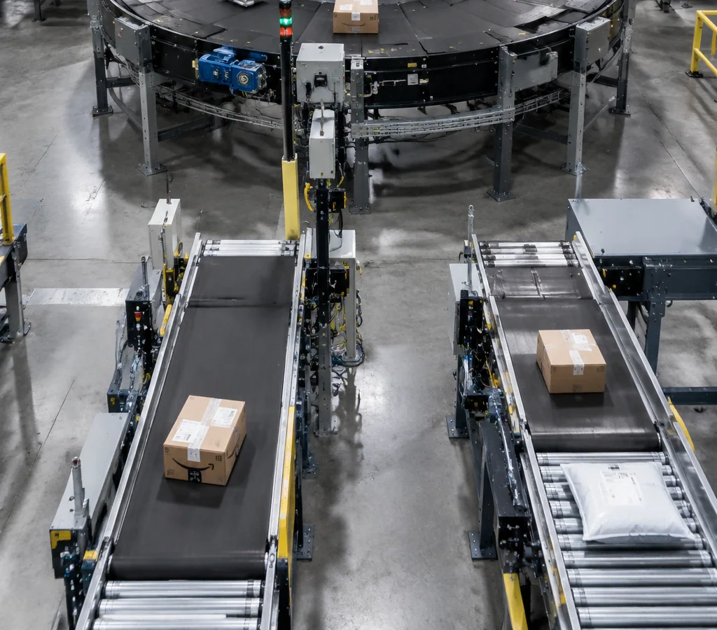 Cross belt sorter loop distributing parcels to discharge chutes inside a fulfilment centre