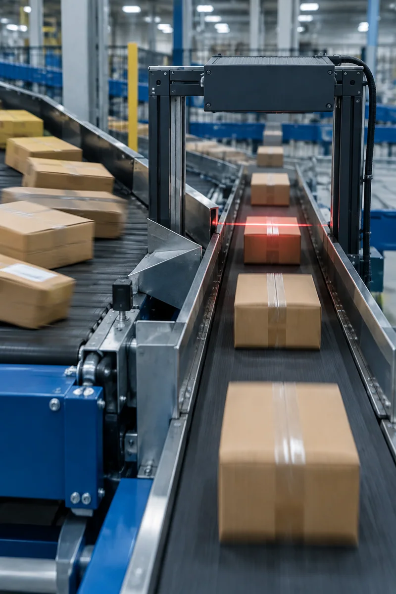 Belt conveyors feeding cartons into a single-file stream beneath a barcode scanning arch on a sorting line