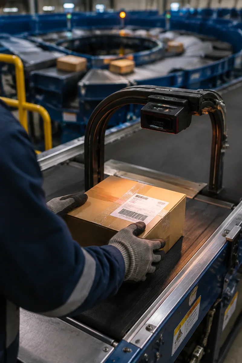 Operator placing a parcel onto an induction conveyor beneath a barcode scanning arch