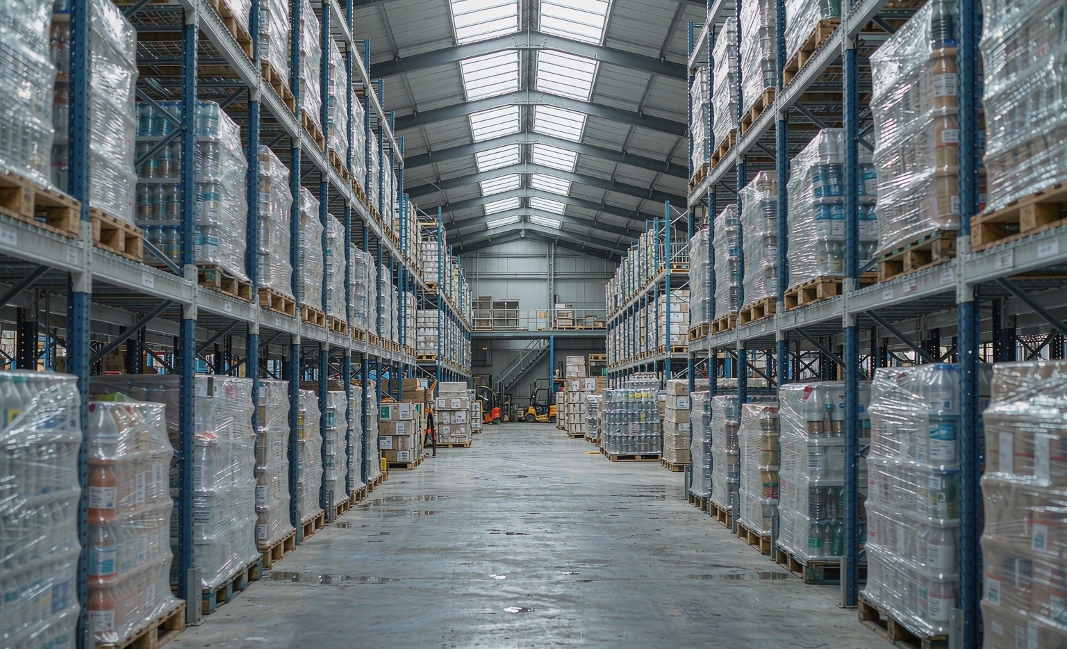 Distribution warehouse interior with pallet racking and outbound staging