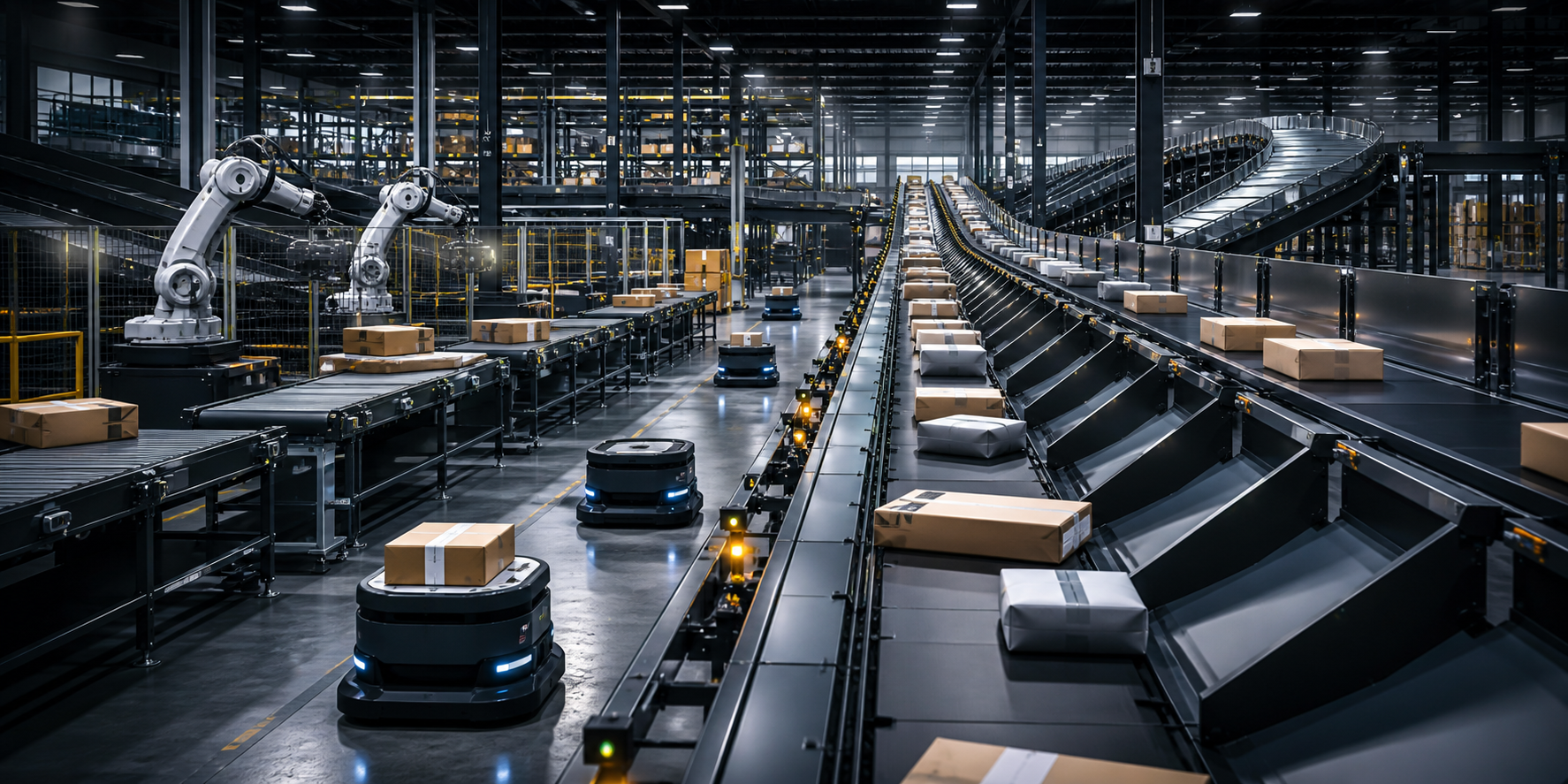 Automated parcel sorting system moving boxes through a warehouse conveyor line.