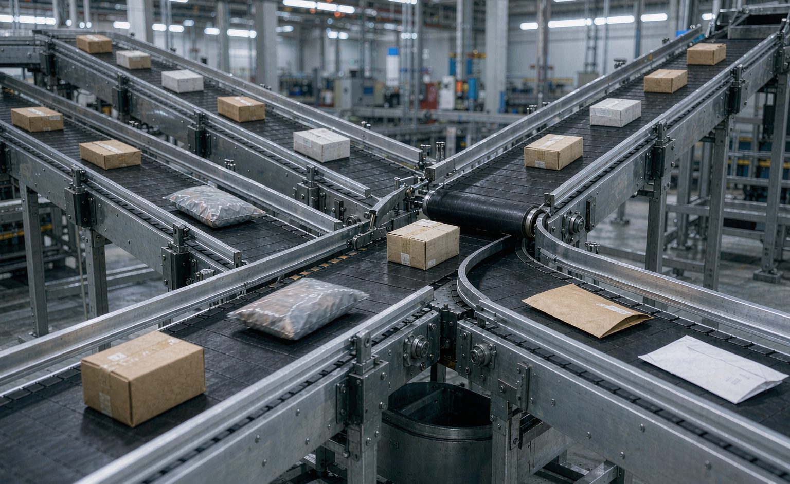 Close-up of cross-belt sorter belts moving small lightweight parcels at controlled speeds in a sorting facility