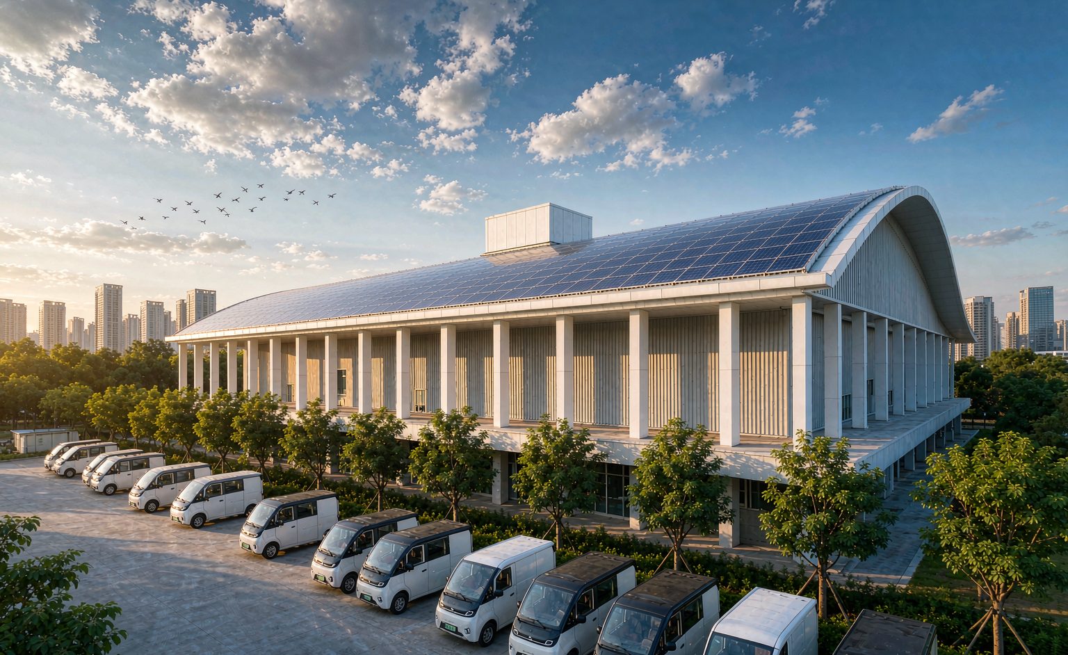 Modern sustainable logistics warehouse with solar panels, electric vans and green surroundings
