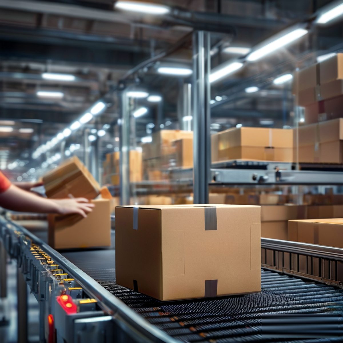 Cardboard box moving along a parcel sorting conveyor in a warehouse