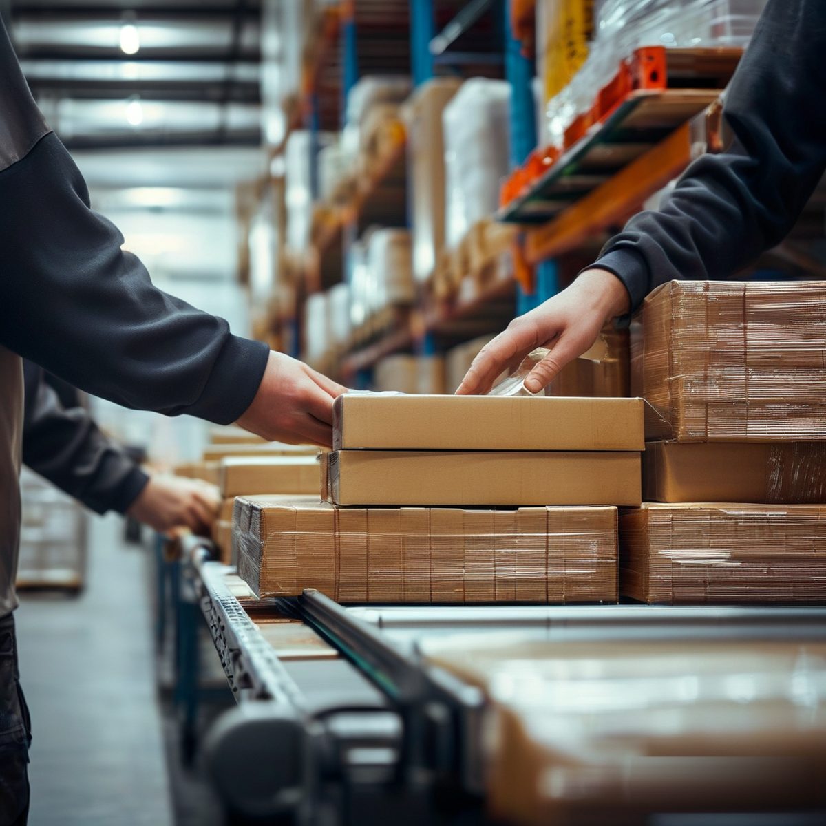 Warehouse workers aligning mixed-size parcels in single file on a conveyor belt