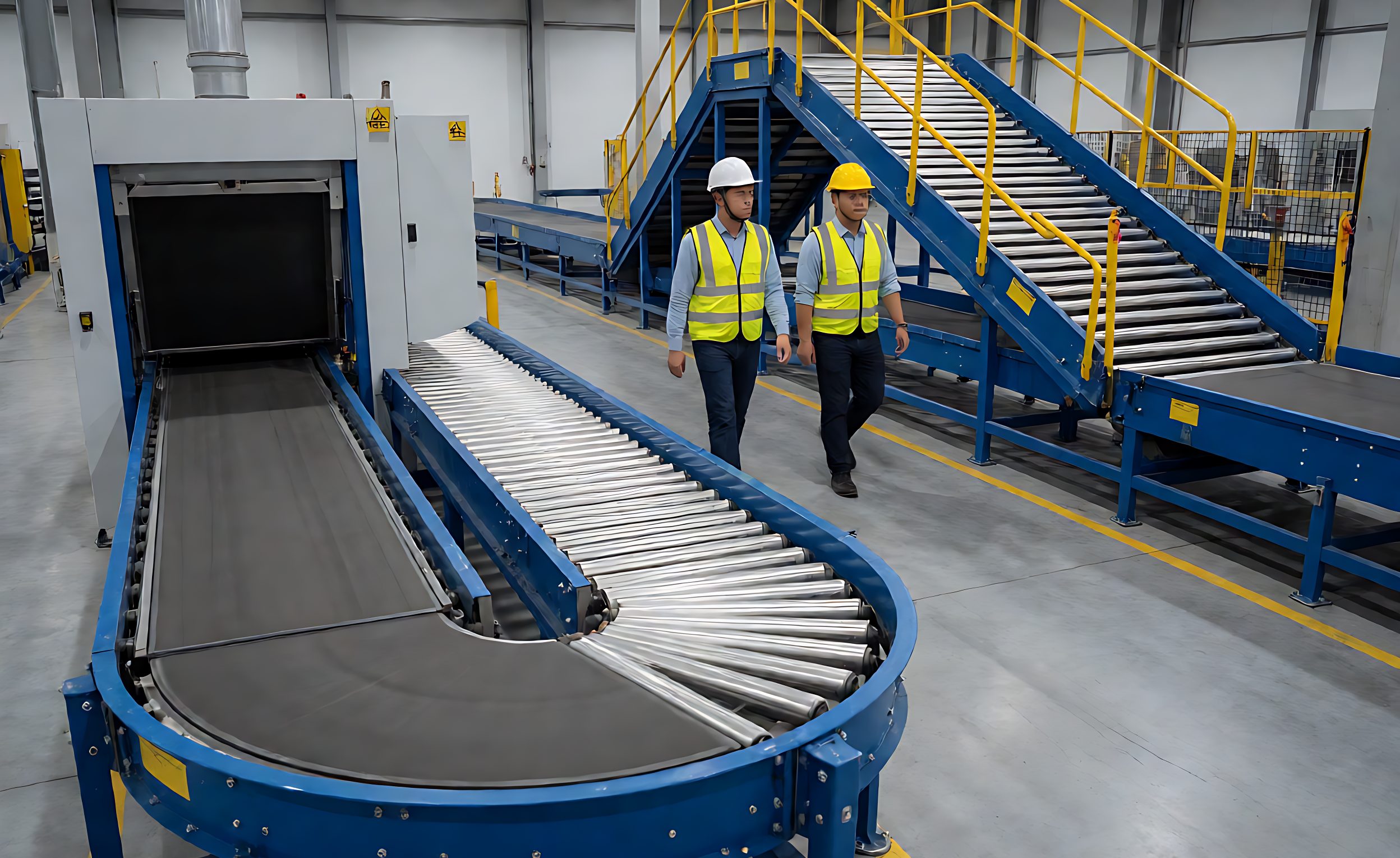 Cross-belt and tilt-tray sorter lines viewed together in one facility
