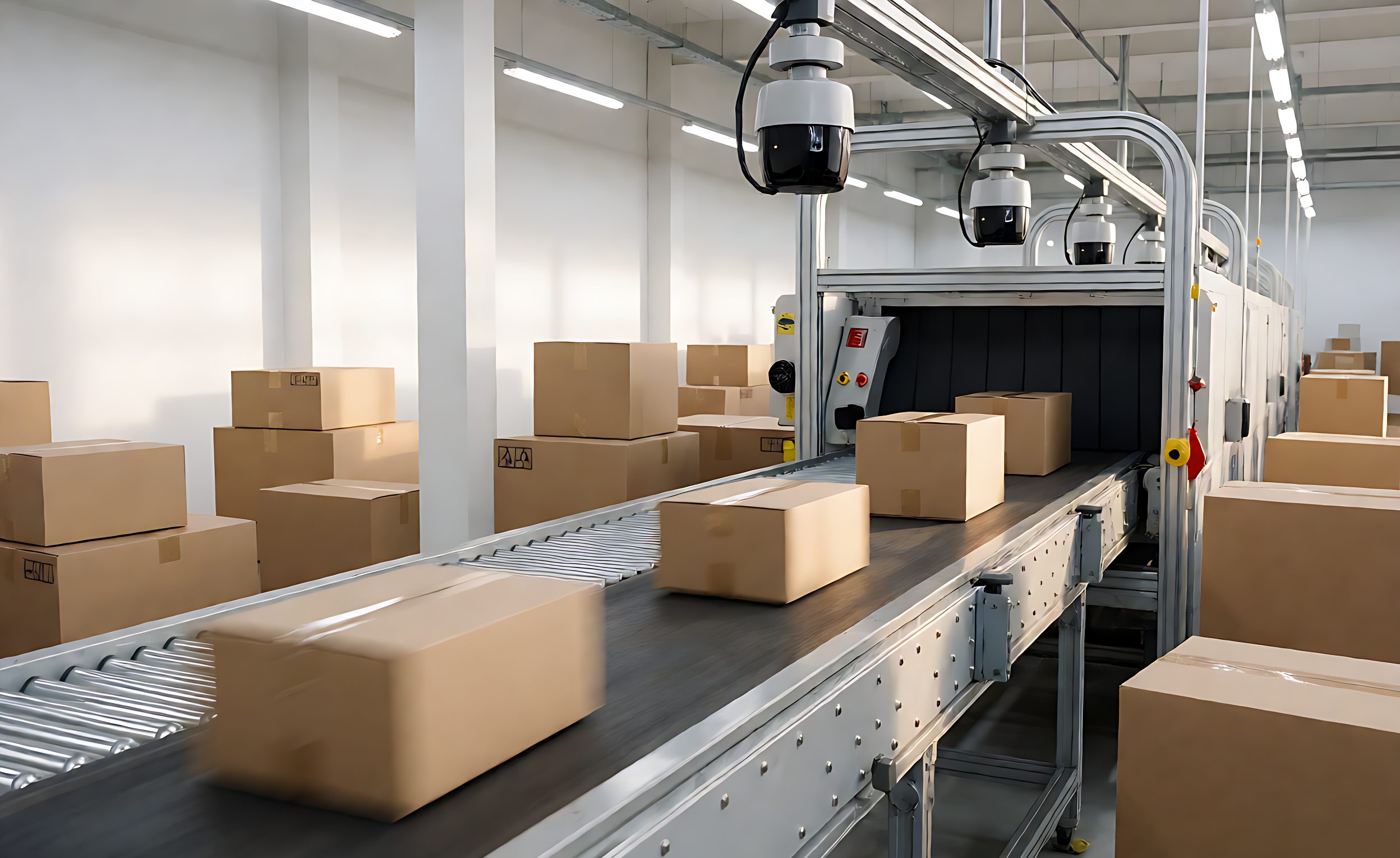 Parcels passing under a camera scanning tunnel on a sorting conveyor