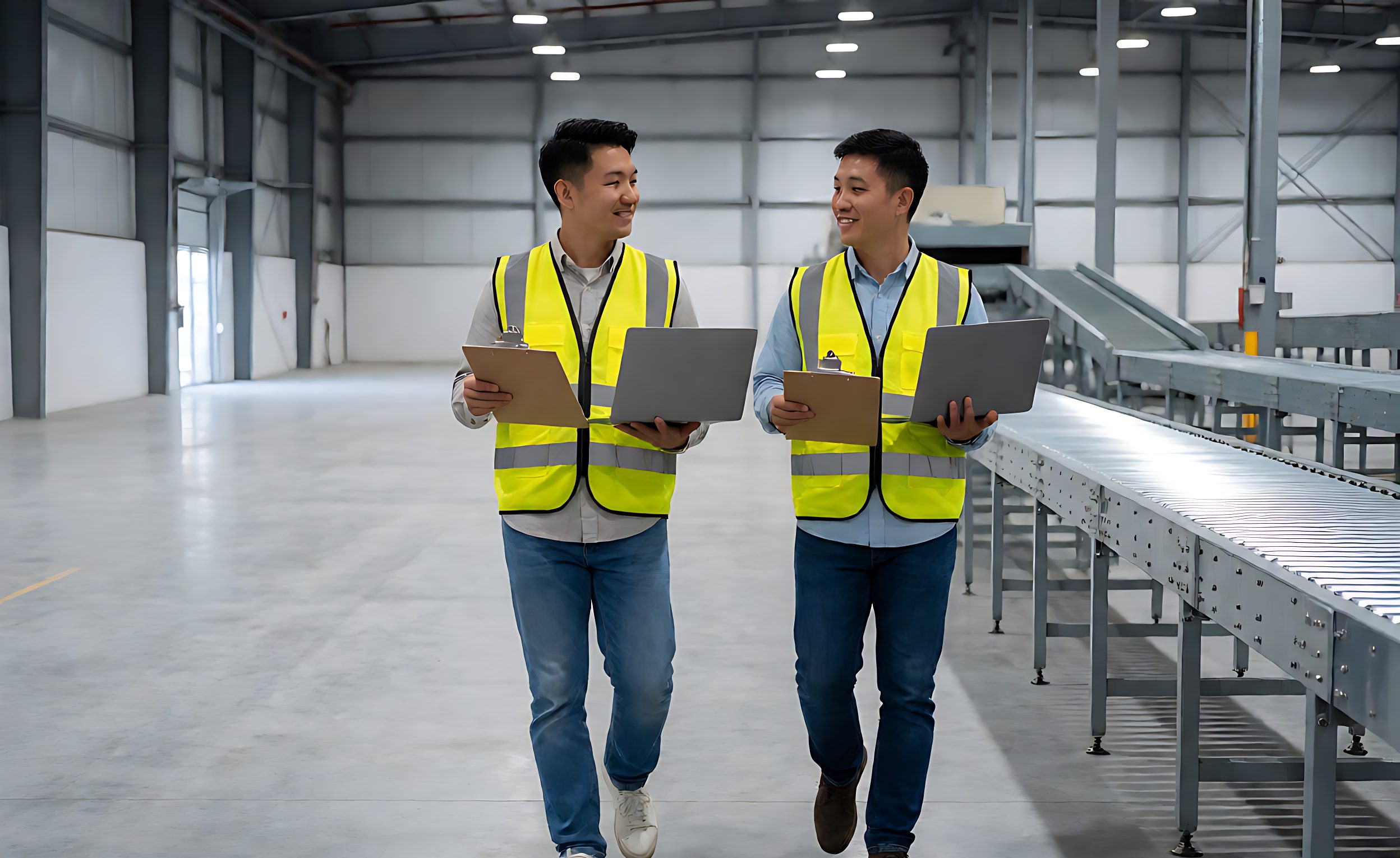 Engineers inspecting a newly installed sorting conveyor line in a warehouse