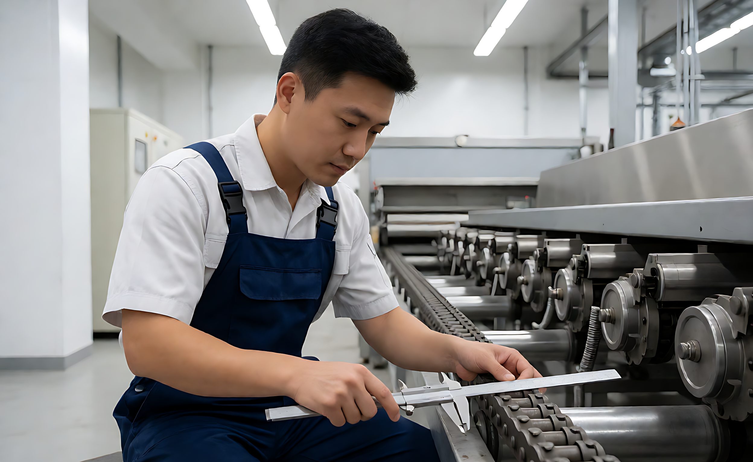 Technician measuring conveyor chain wear with calipers and a gauge