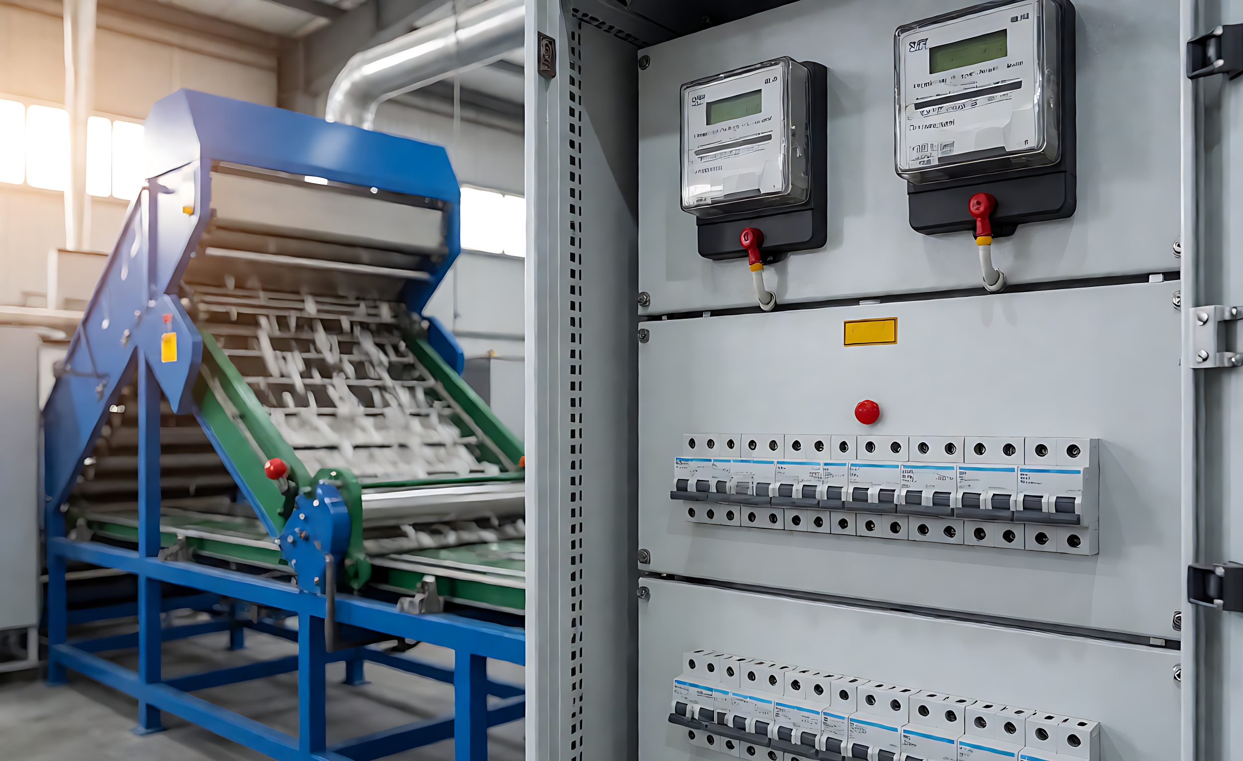 Electrical distribution panel with energy meters beside a sorting line