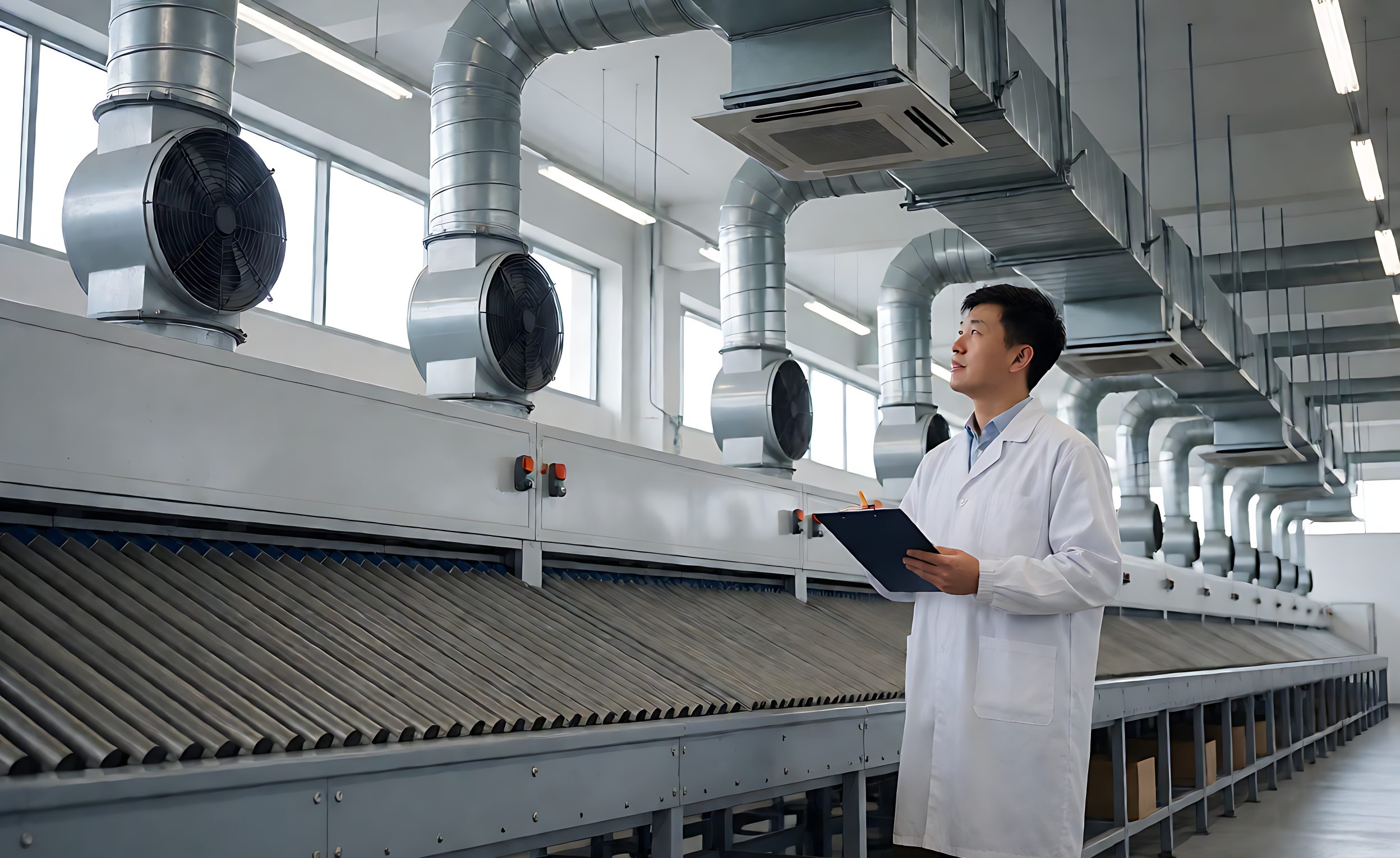 Ventilation ductwork and extraction fans above a sorting line with a reviewing engineer