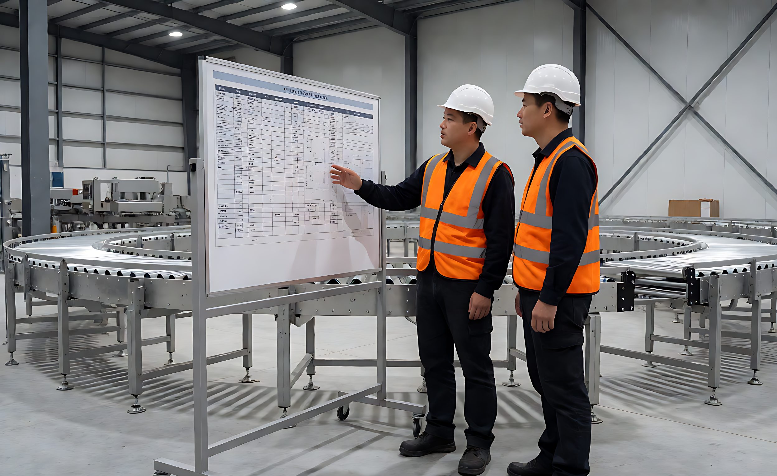 Engineers reviewing an installation schedule beside a partially assembled sorter loop