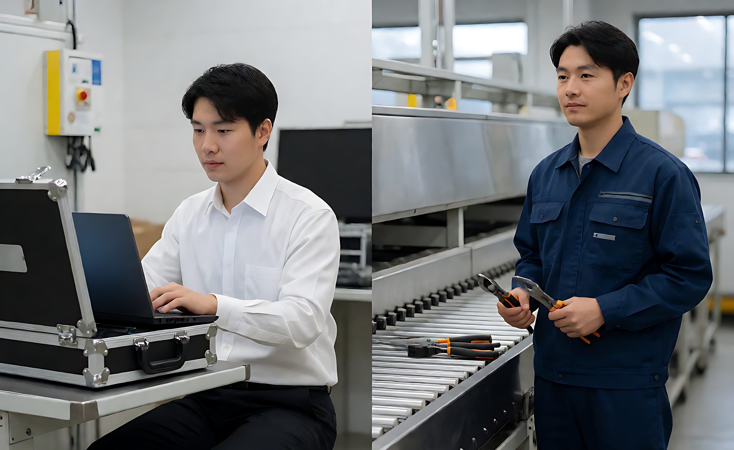 Supplier service technician and in-house technician near a sorter line