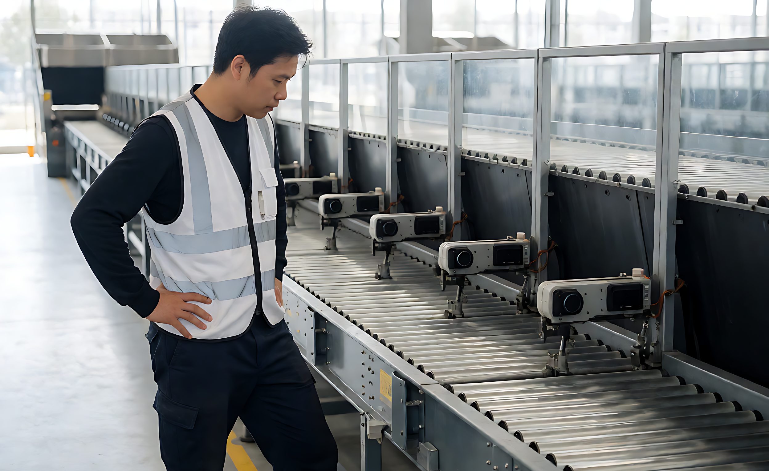 Technician servicing the drive section of a parcel sorter line