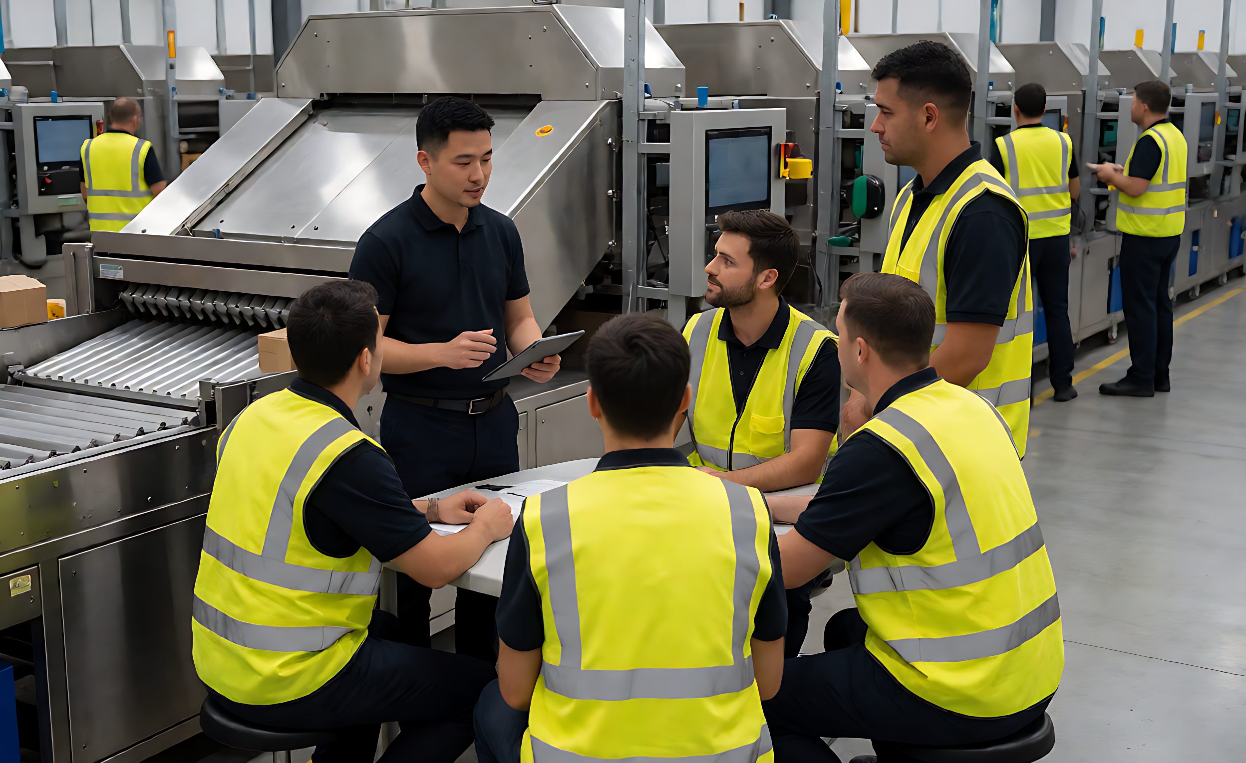 Supervisor briefing operators beside an automated sorter line