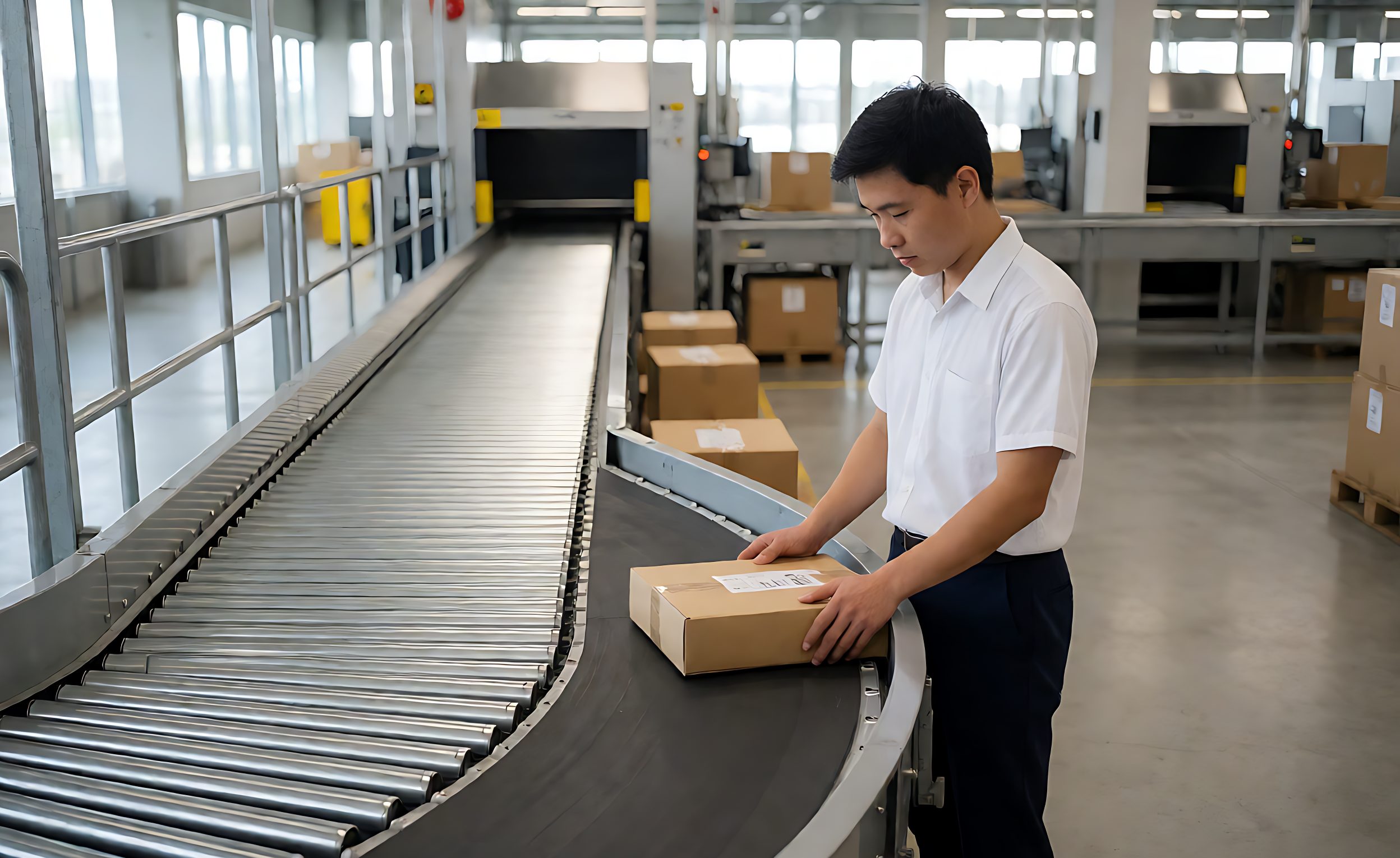 Rejection lane diverging from a sorter loop with an operator inspecting a parcel