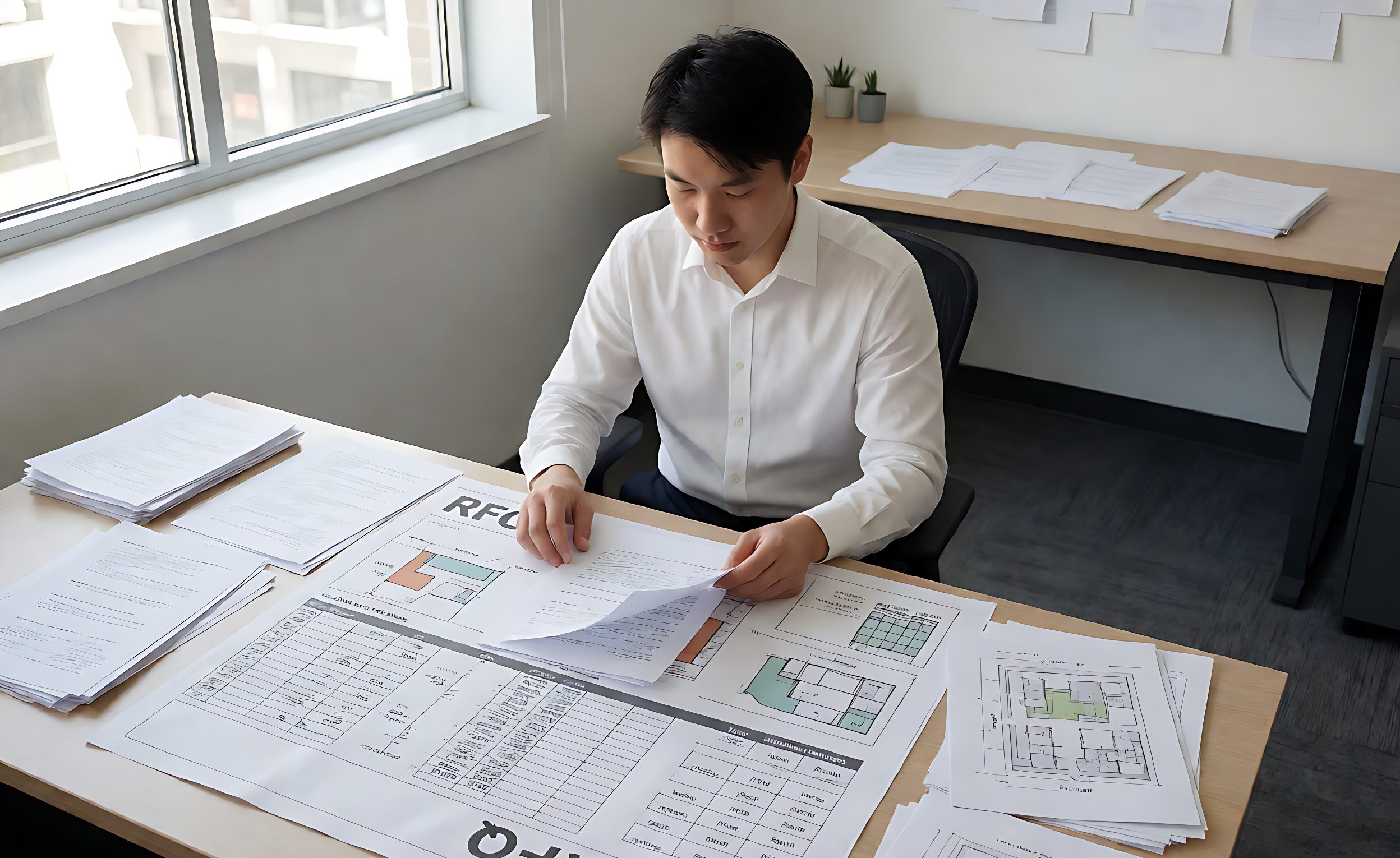 Engineer assembling an RFQ with parcel dimension charts, throughput tables and layout drawings