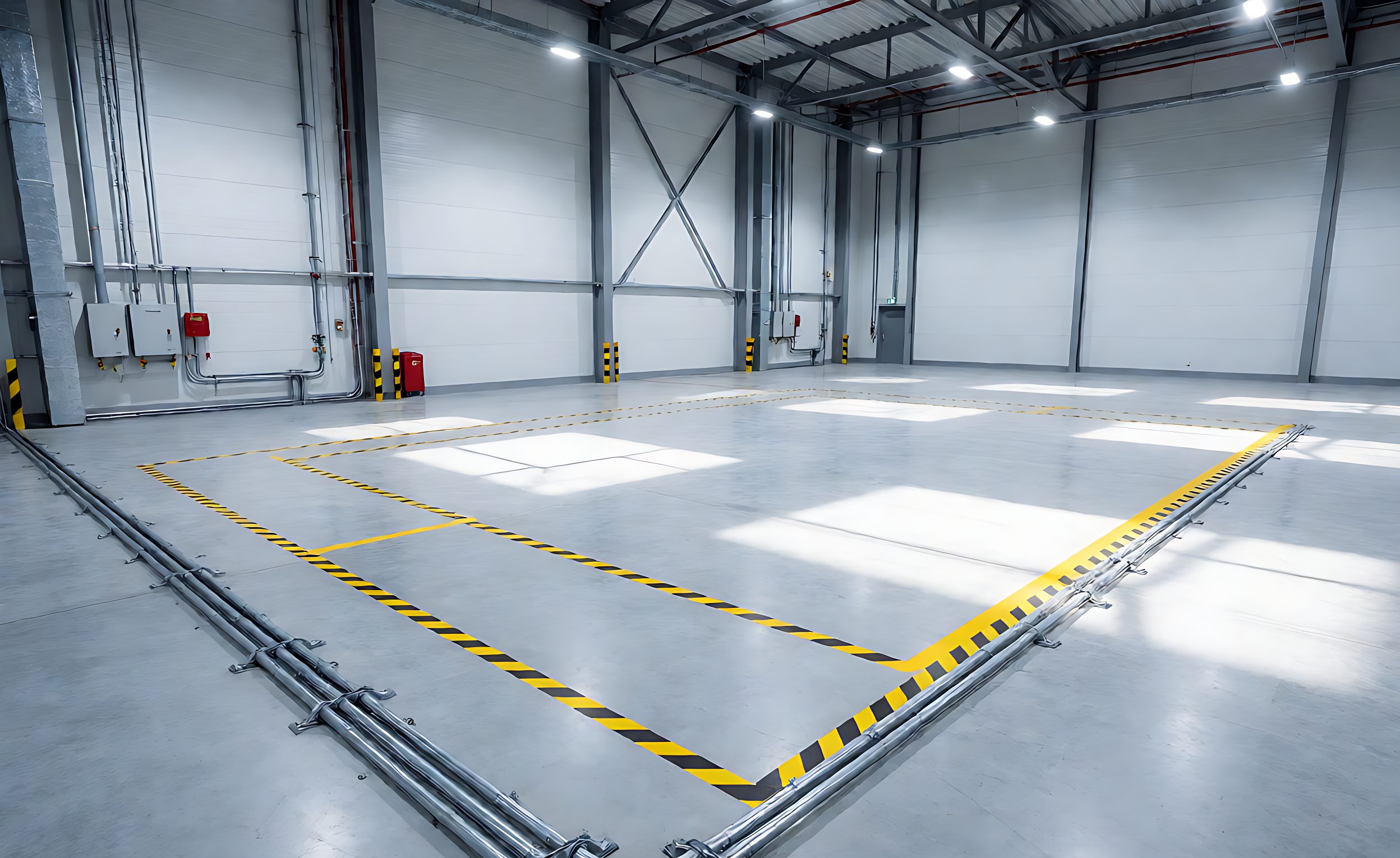 Warehouse site prepared for installation with marked floor layout and power conduits