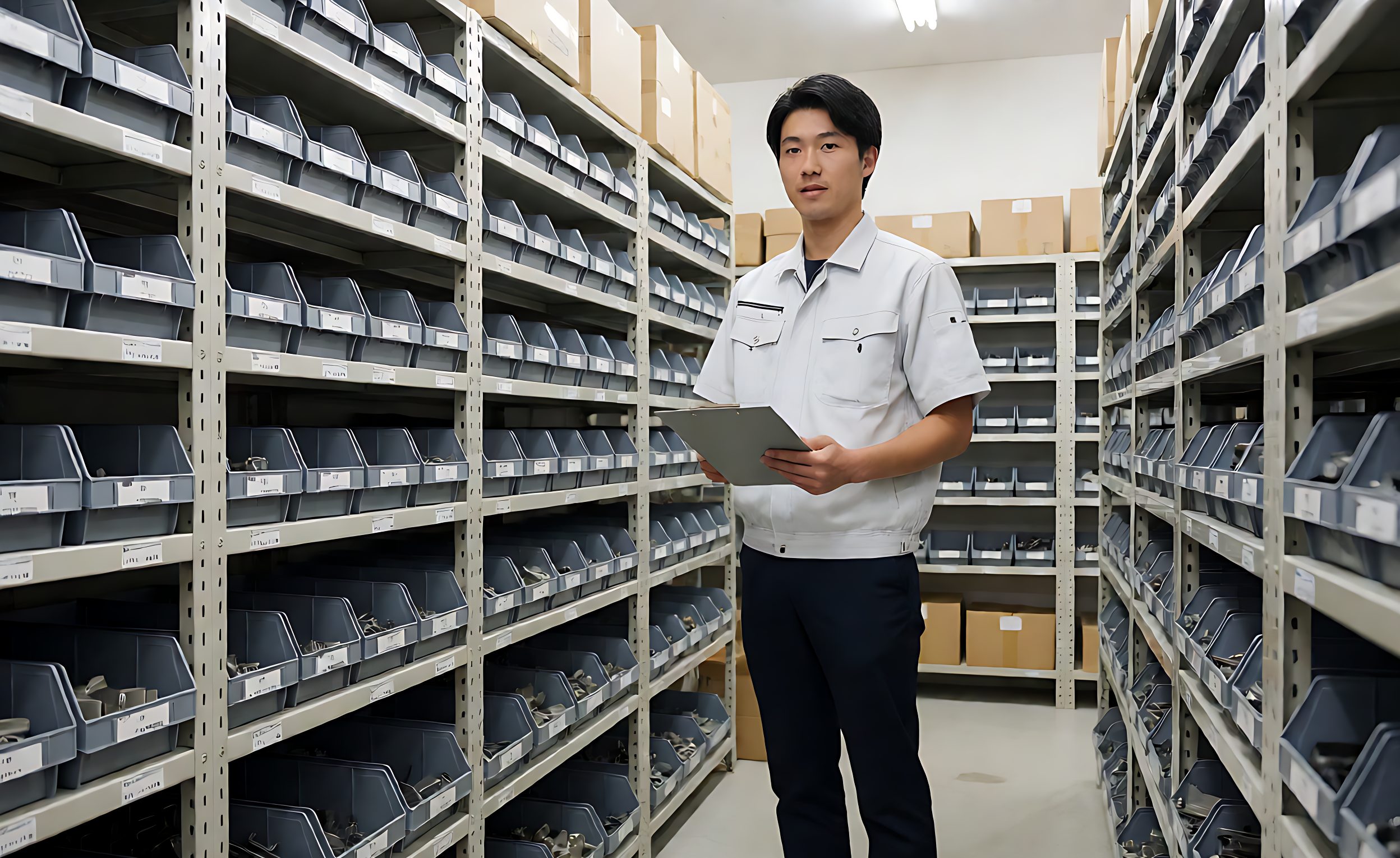Labelled bins of sorter spare components on shelving with a parts catalogue