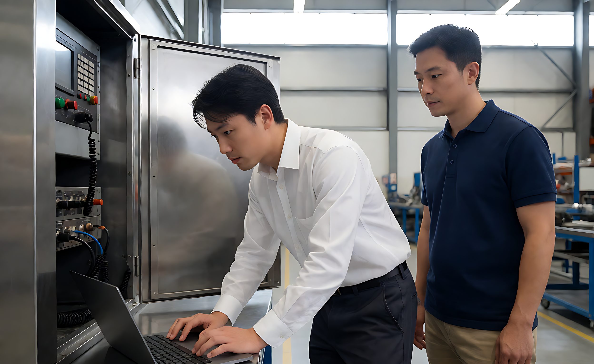 Service engineer diagnosing a sorter control cabinet with an operations manager present