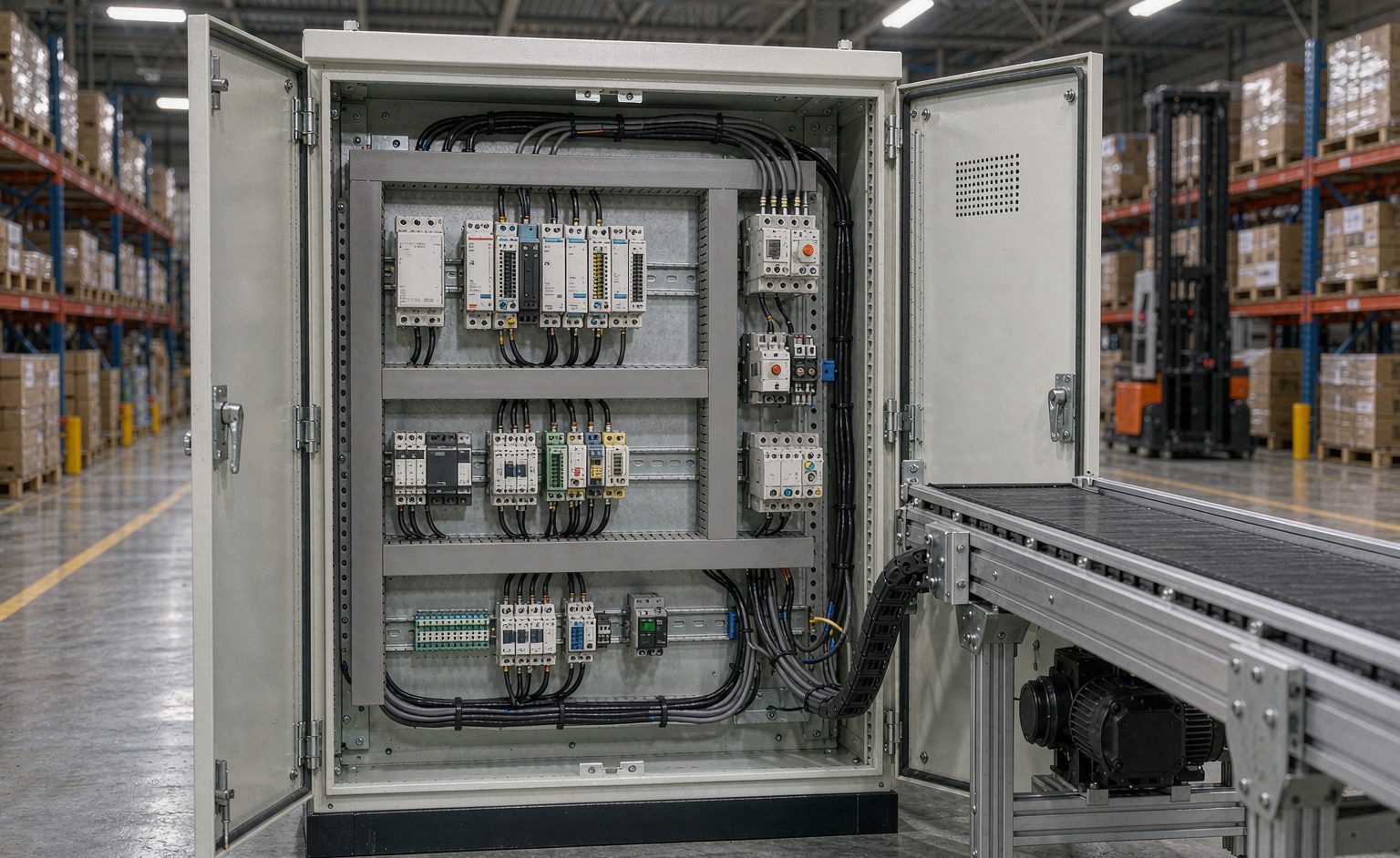 Industrial control cabinet with PLC modules and neat wiring beside a conveyor line