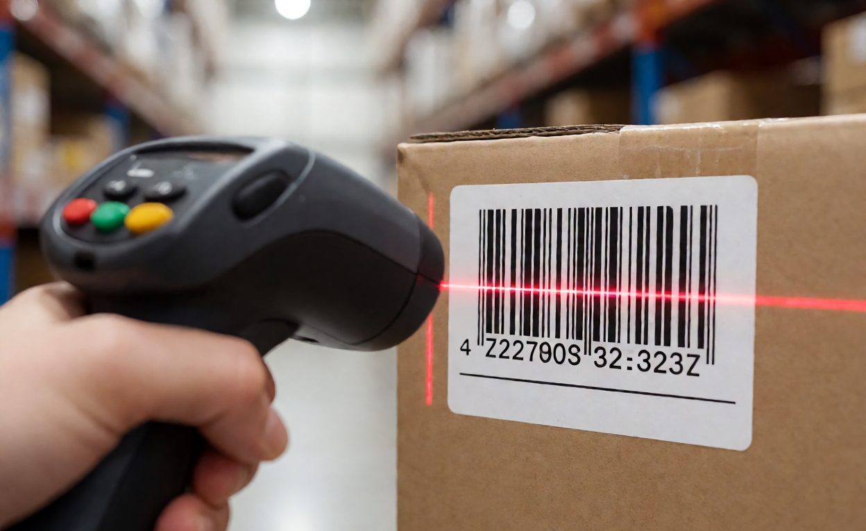 Handheld scanner reading a barcode on a parcel label