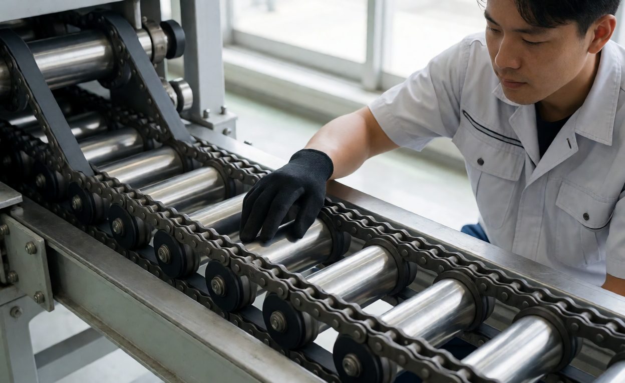 Inspecting Carriers And Chain Links Close-up of cross-belt carriers and chain links with a gloved inspection hand