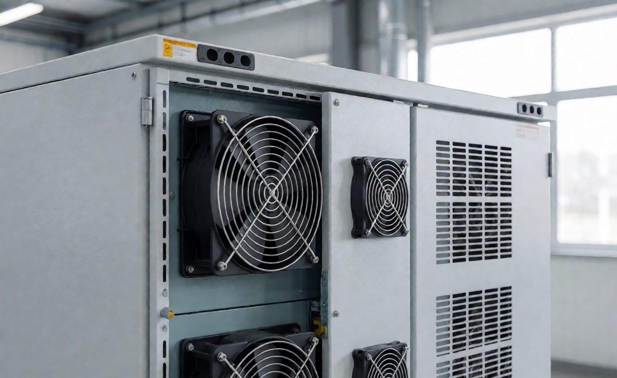 Sorter control cabinet with cooling fans and ventilation grilles
