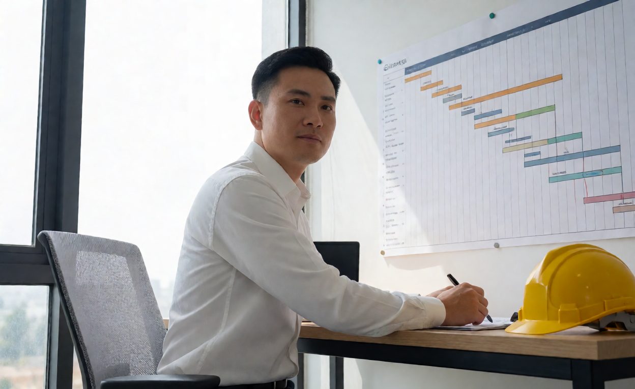 Milestone Review In The Site Office Project manager marking milestones on a printed Gantt chart in a site office