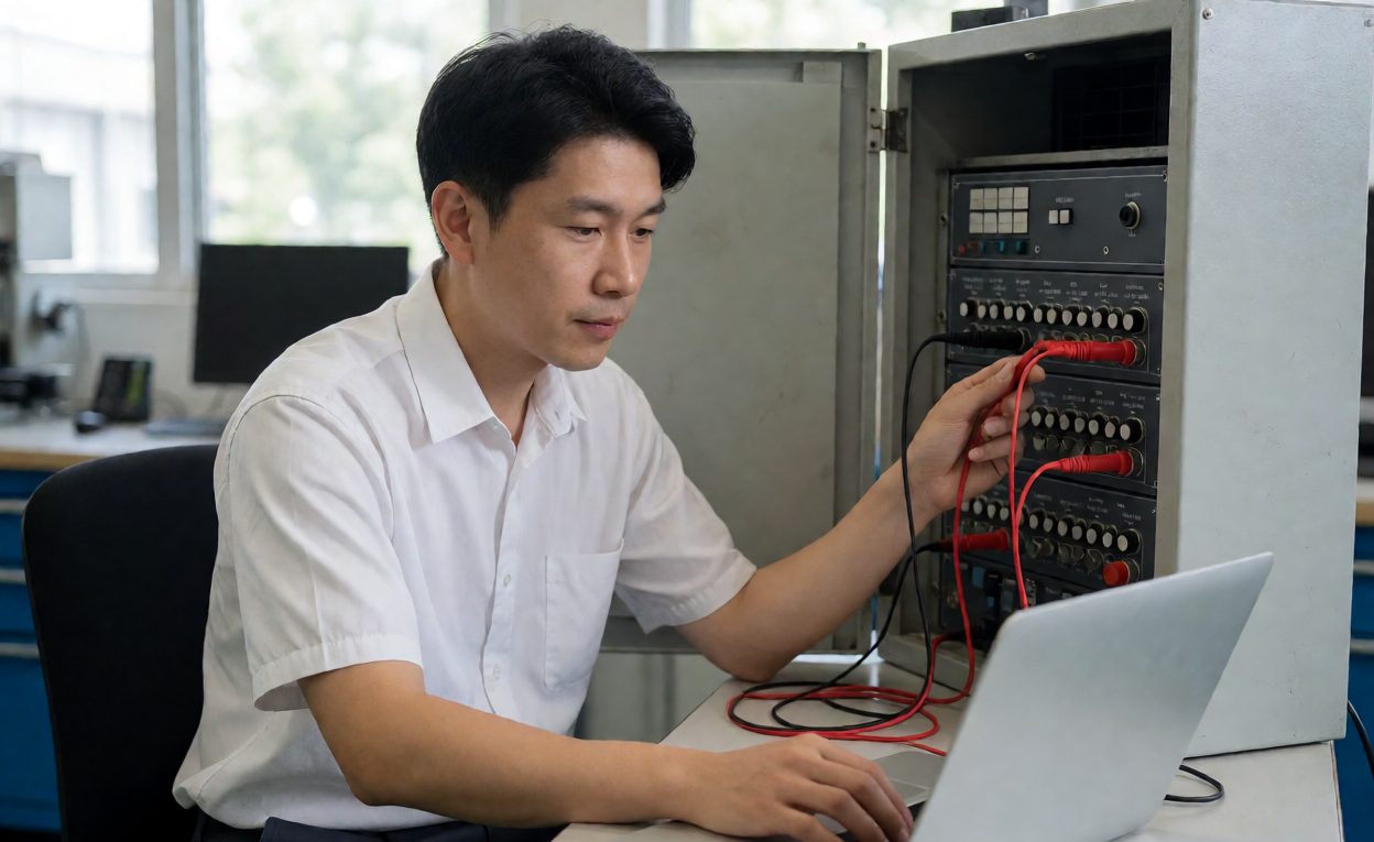 Service technician running diagnostics on a sorter control cabinet with a laptop