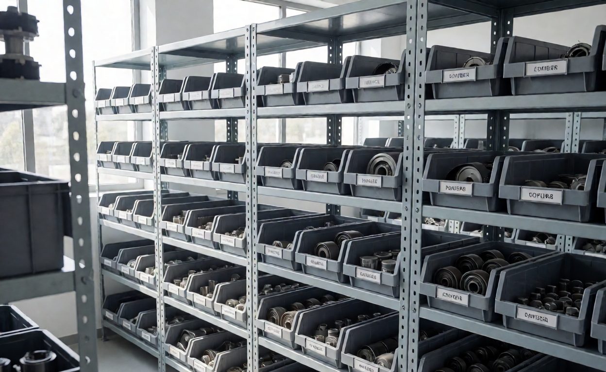 Sorter Spare Parts Stocking Spare parts room with bins of belts, rollers and bearings for sorter maintenance