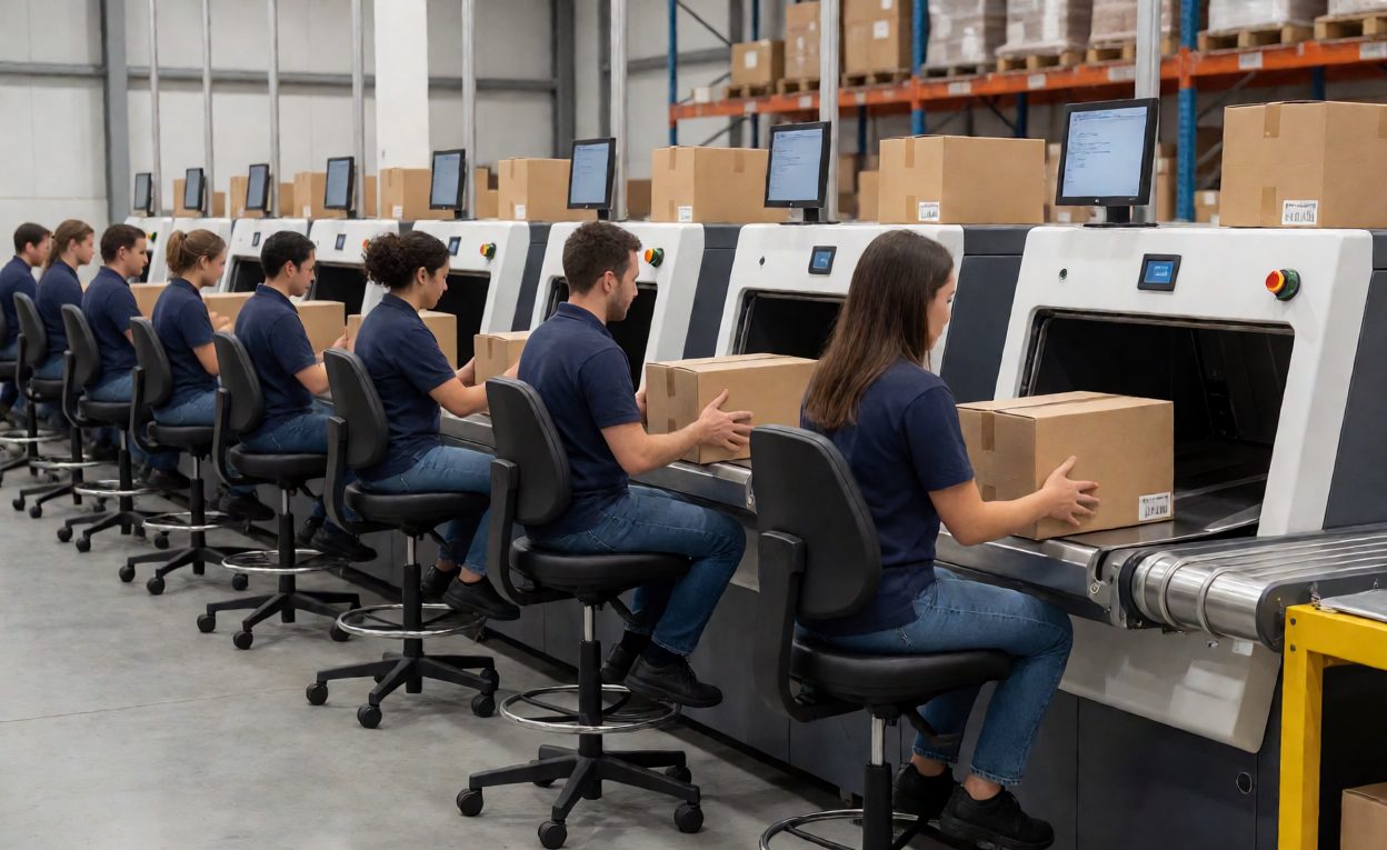 Induction Staffing In Operation Operators feeding parcels at induction stations along a sorter