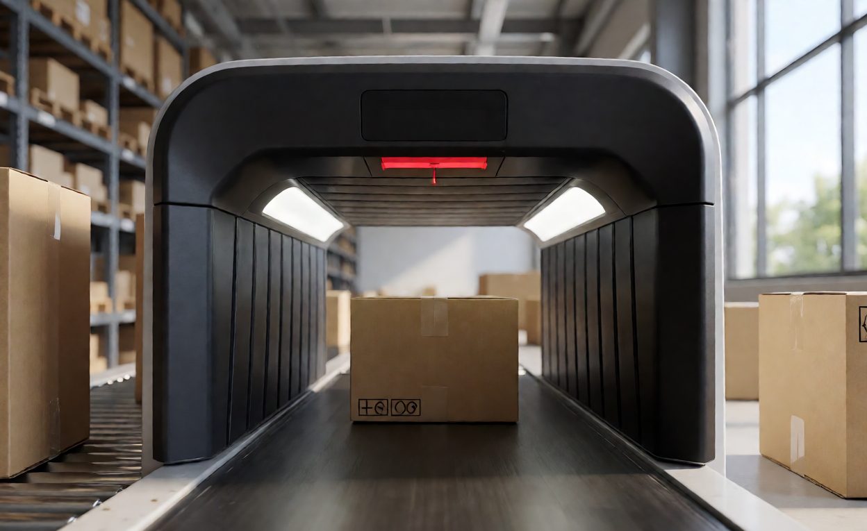 Barcode scanner tunnel with parcels passing beneath