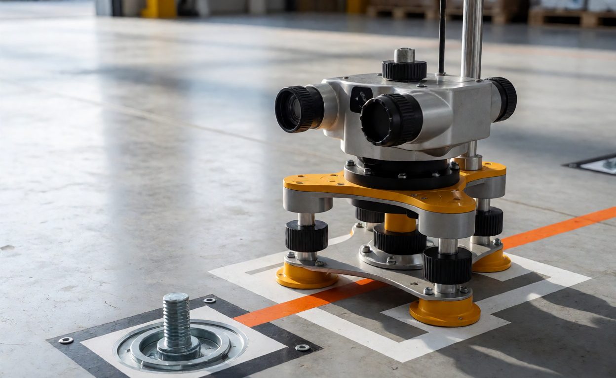Checking Floor Level At Anchor Positions Floor levelling survey equipment beside anchor bolt positions on a warehouse floor