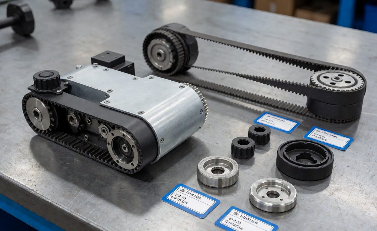 Sorter drive and belt components laid out with part tags on a bench