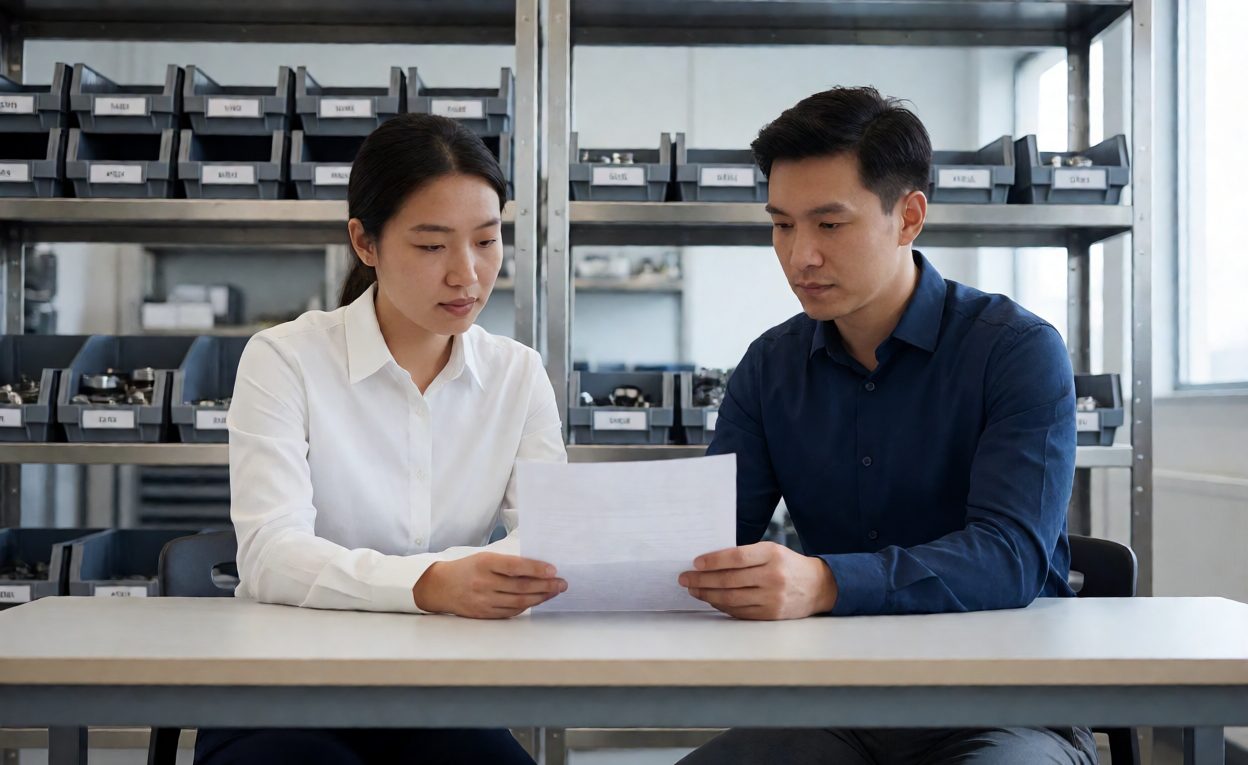 Negotiating A Consignment Agreement Two professionals reviewing a spare parts agreement near component shelving