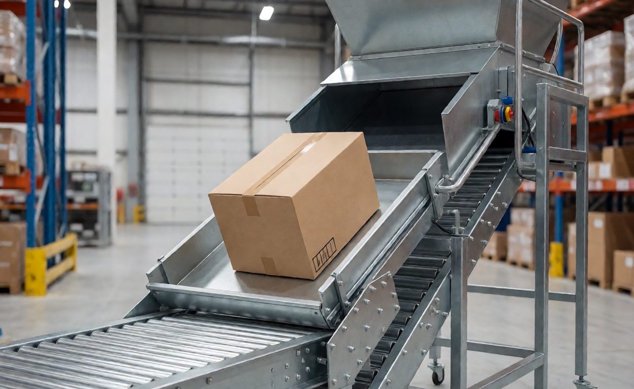 Tilt-Tray Discharge In Operation Tilt-tray sorter trays passing a chute bank with one tray discharging