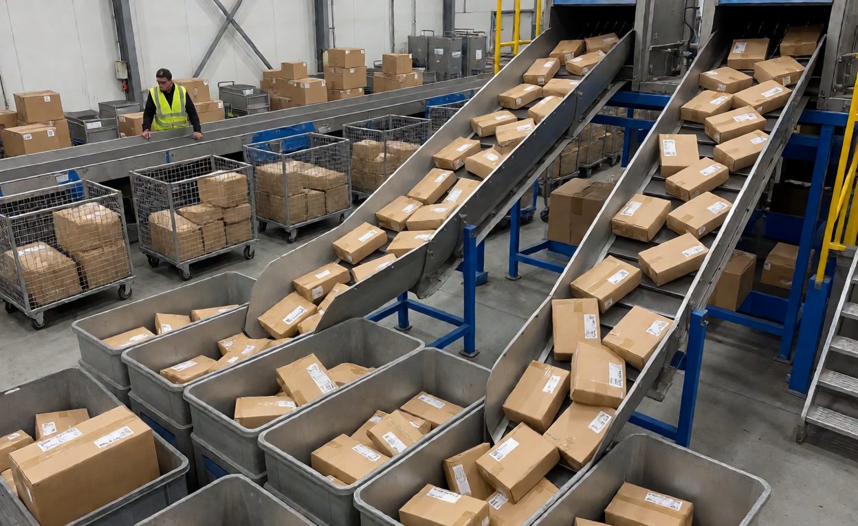 Parcels diverting into chutes at a sorting facility