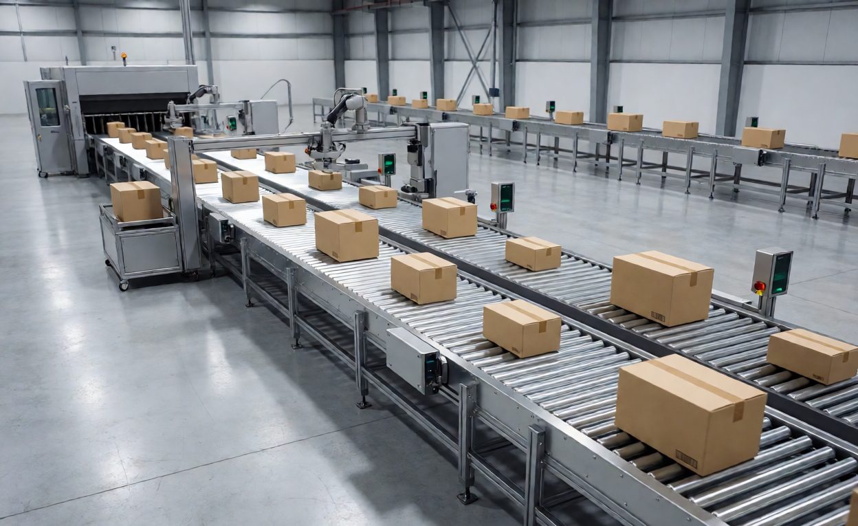Sortation Line In Operation Automated sorting line running with parcels moving along a conveyor