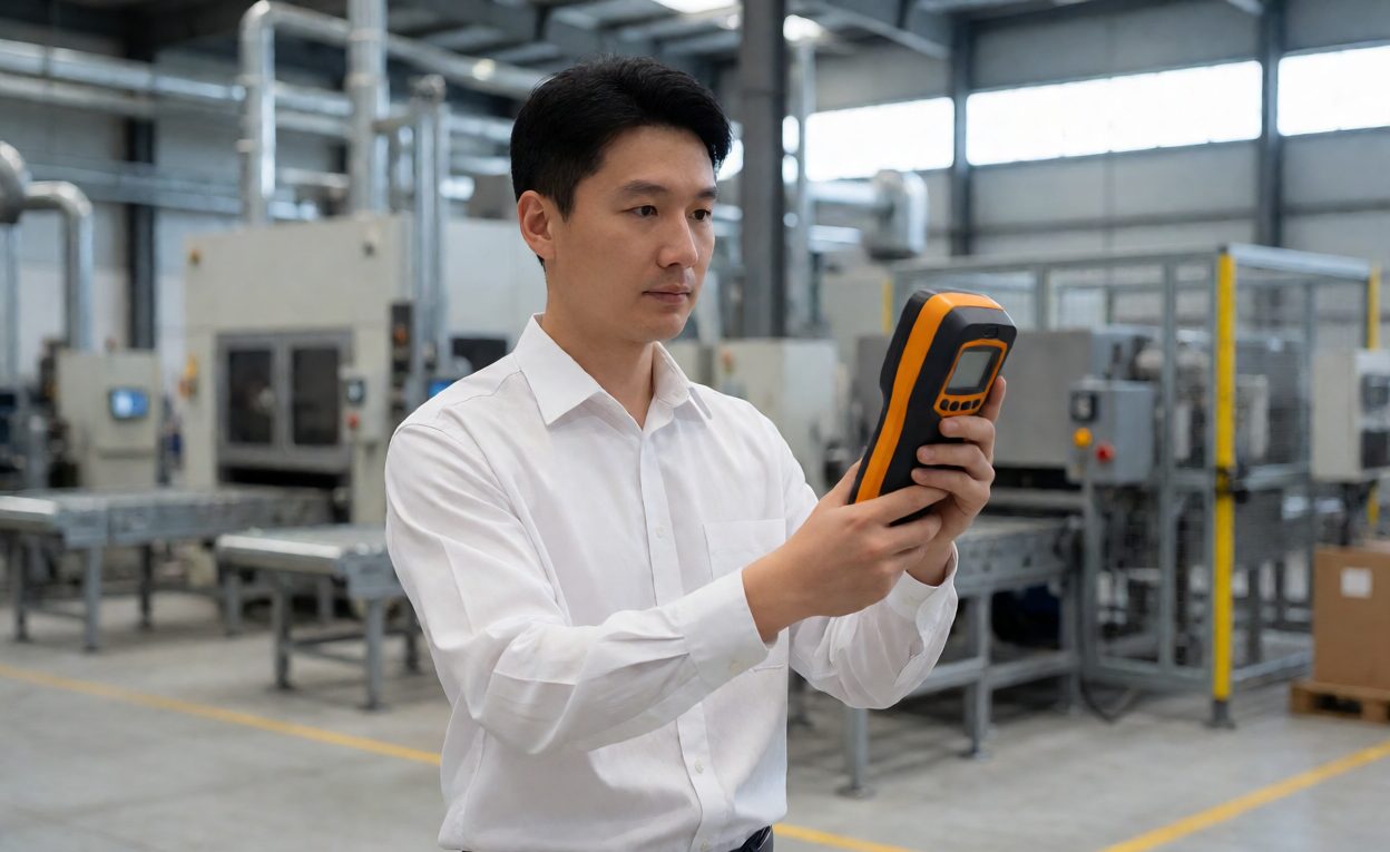 HVAC engineer measuring airflow near a conveyor drive section