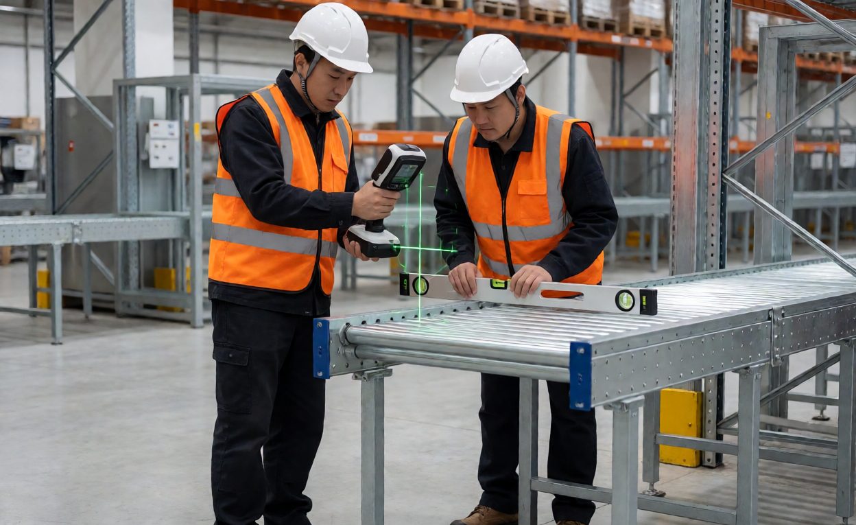 Mechanical Installation In Progress Installation crew aligning a conveyor section with laser tools and a level
