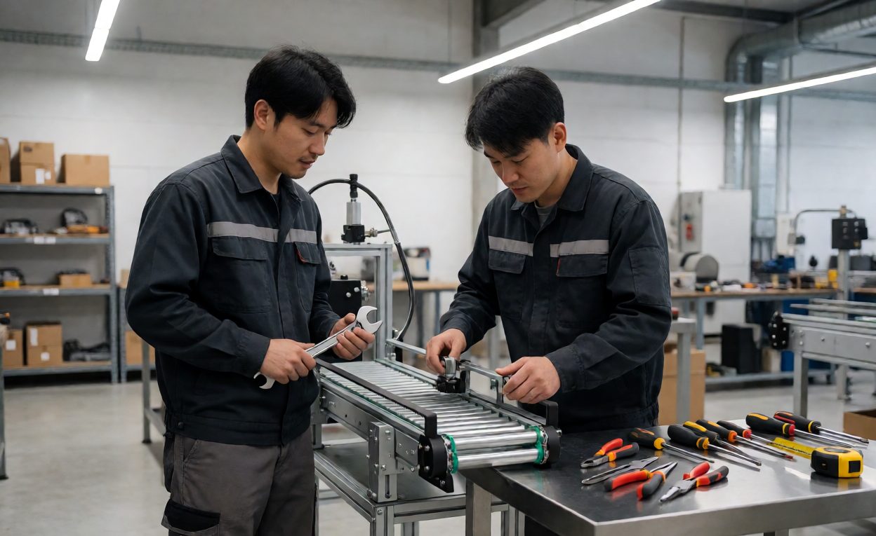In-house maintenance team working on a conveyor module with tools on a bench
