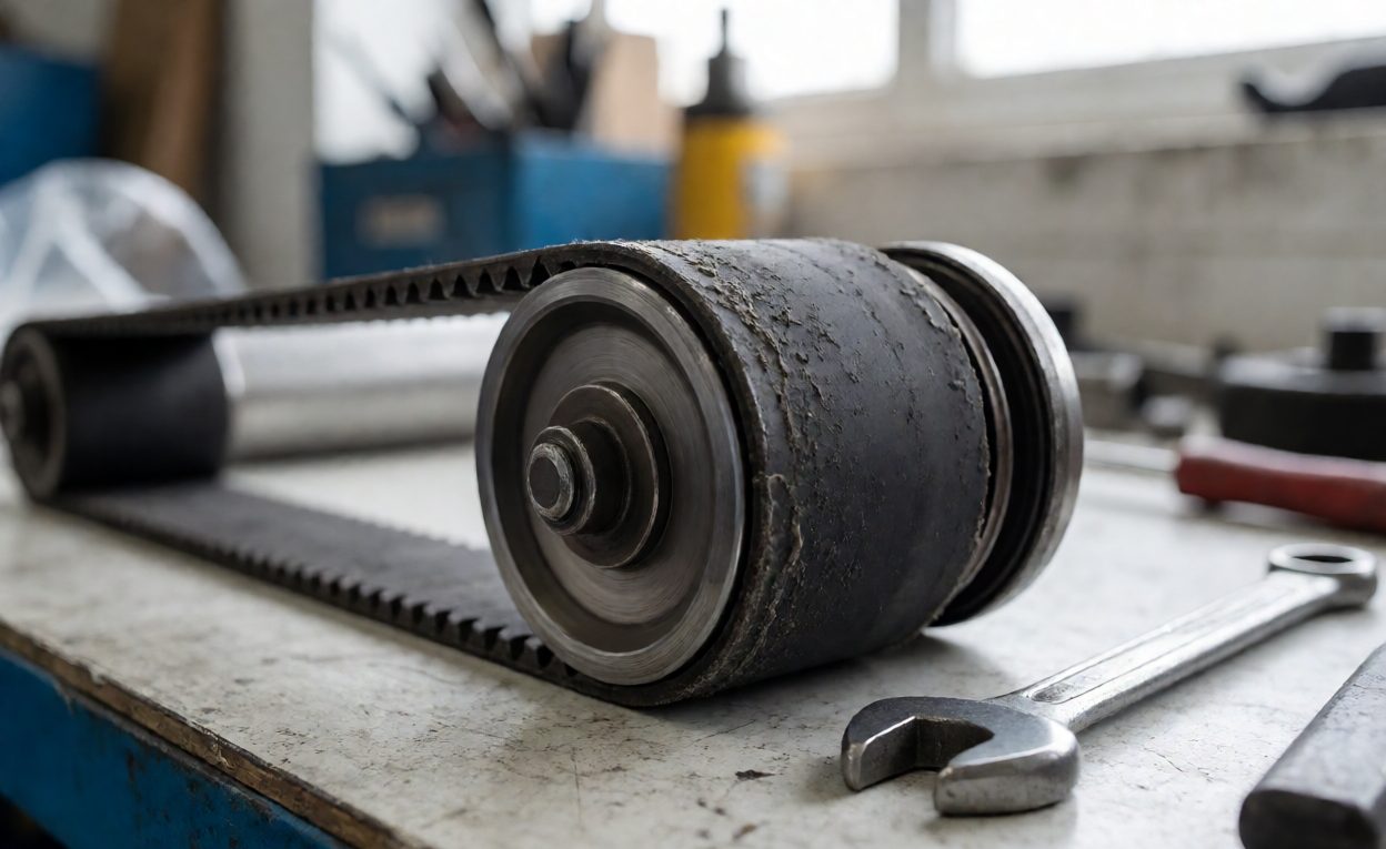 Worn Belt And Roller Assembly Disassembled conveyor roller and worn drive belt on a workbench