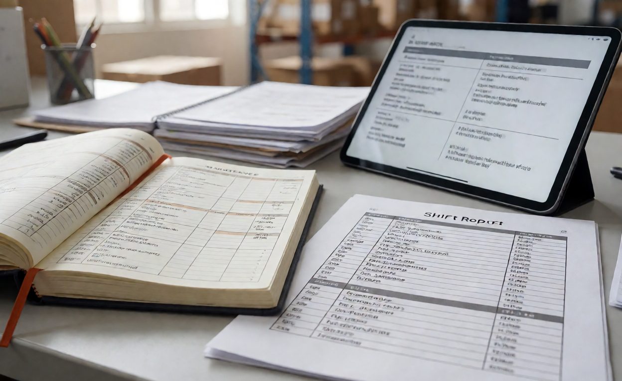 Maintenance logbook and printed shift report beside a tablet