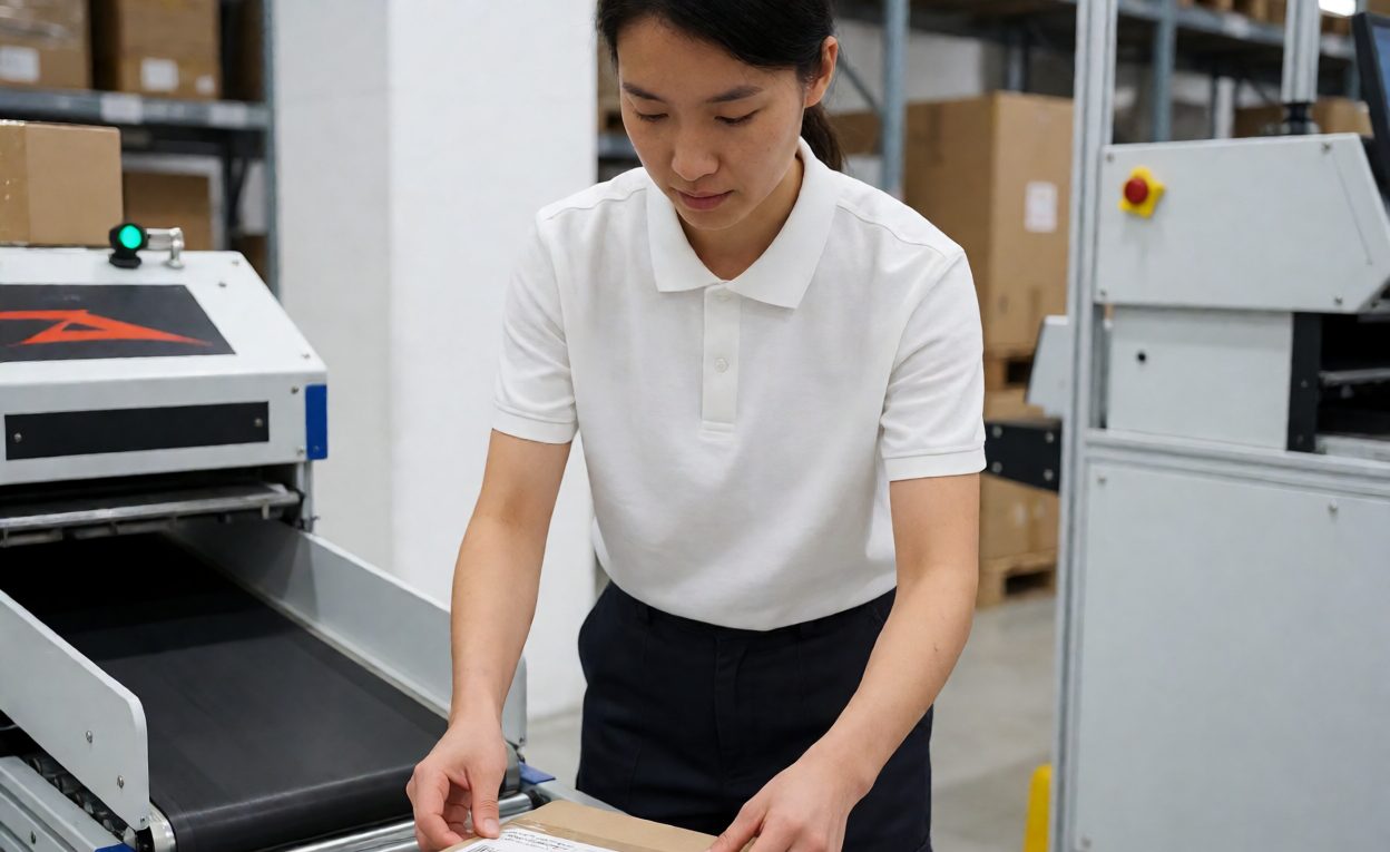 Operator re-scanning a parcel at a secondary induction station