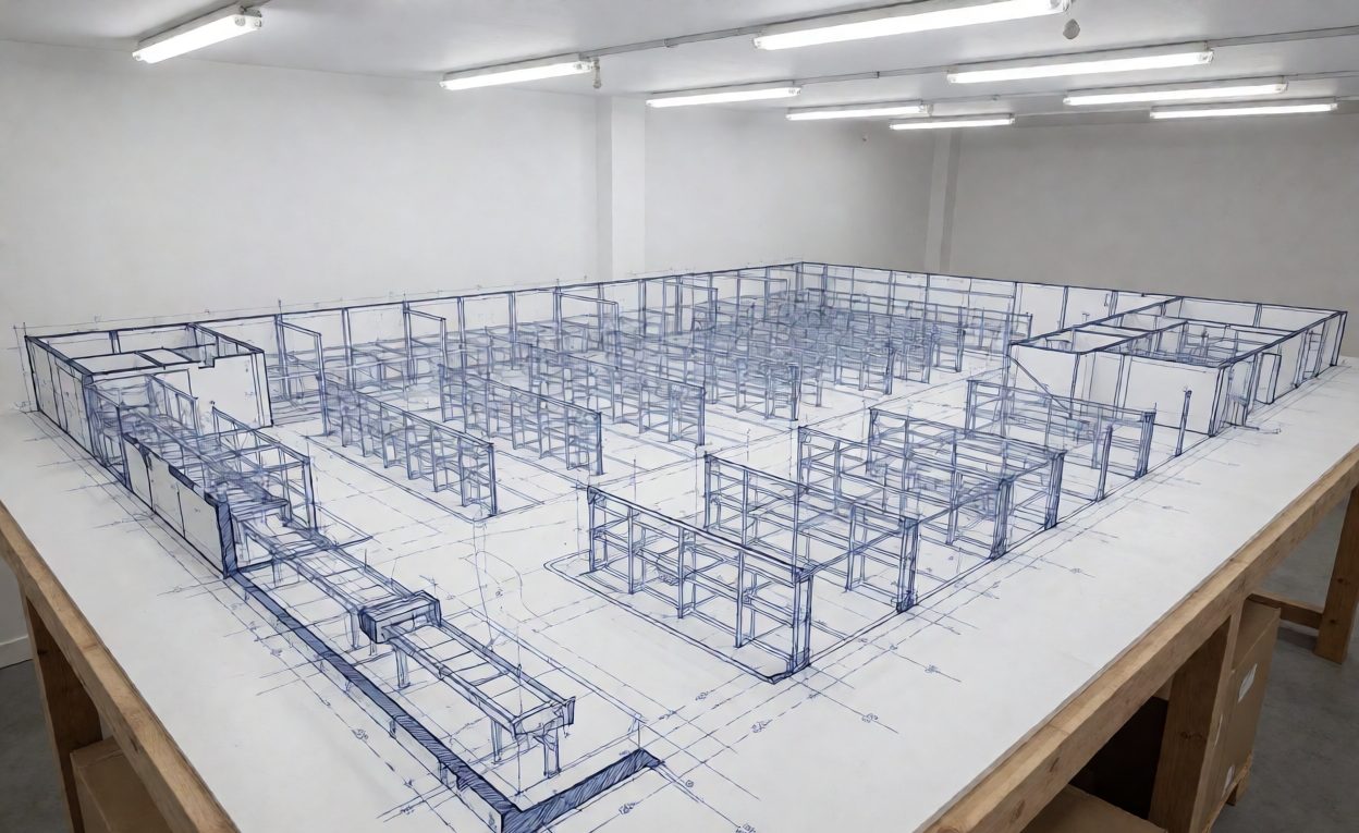 Warehouse floor plan with proposed sorter footprint and chute layout